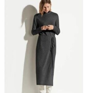 VINCE Size Small Gray Heather Charcoal Mock Neck Sweater Midi Dress Tie Waist
